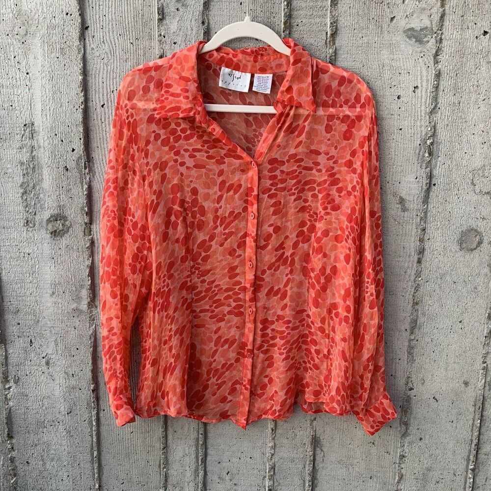 Vision Apparel Vtg 100% Silk Sheer Long Sleeve Button Up Vibrant Indie Artsy 1X